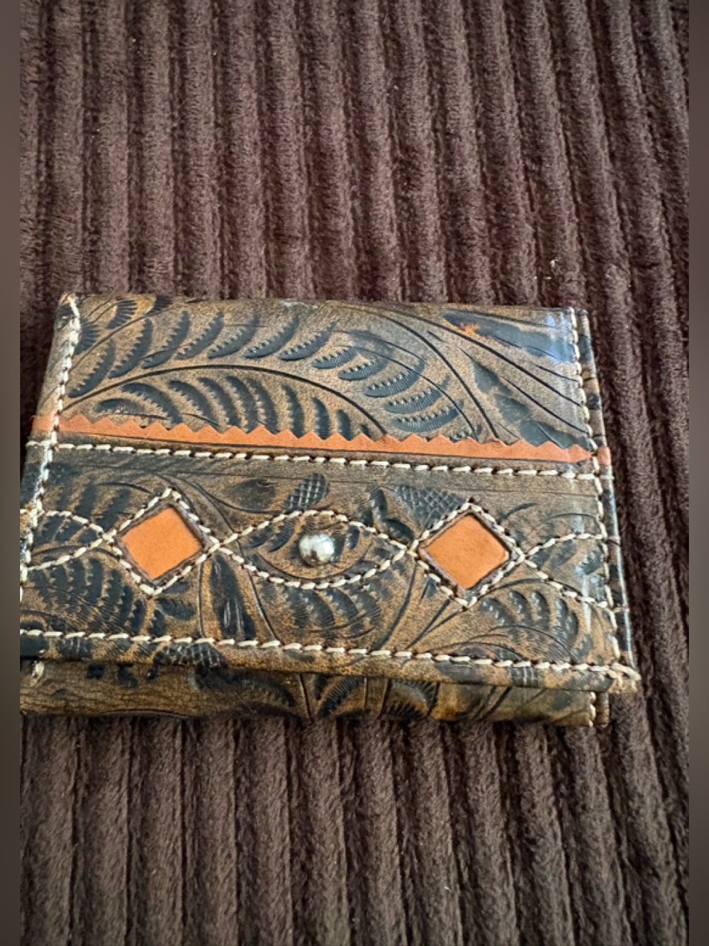 American West Tooled Leather Card Holder Wallet in Brown and Tan